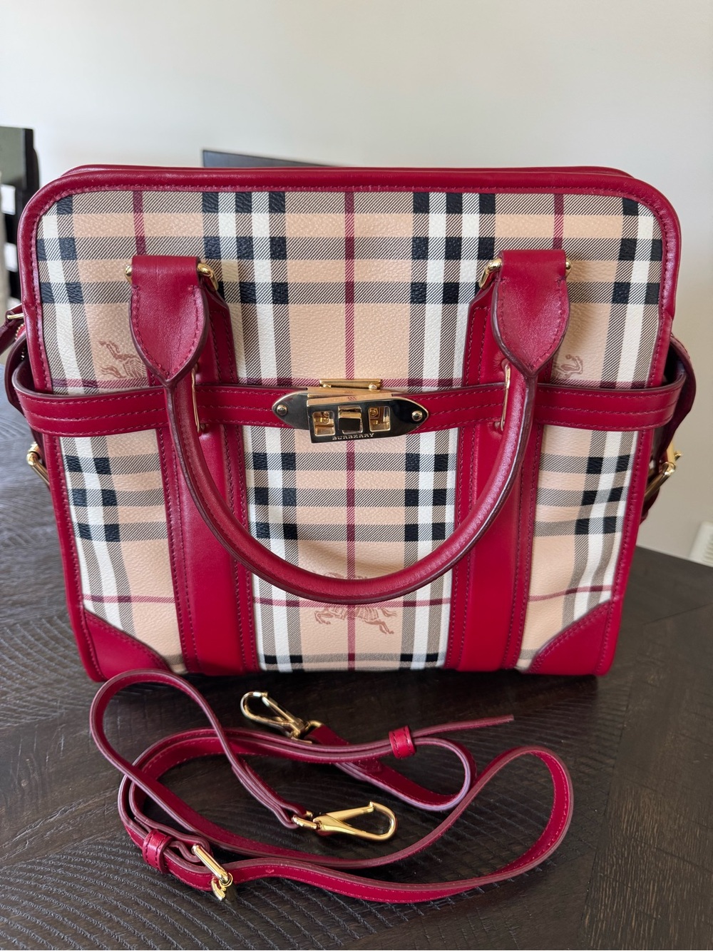 Burberry Haymarket / Nova Check Satchel Burgundy Red Leather
